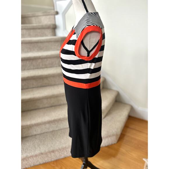 Joseph Ribkoff Black Orange & White Stripe Zipper Front Sheath Dress - Picture 3 of 7